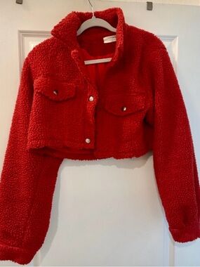 Native Daughters Bright Red Cropped Sherpa Jacket Size L